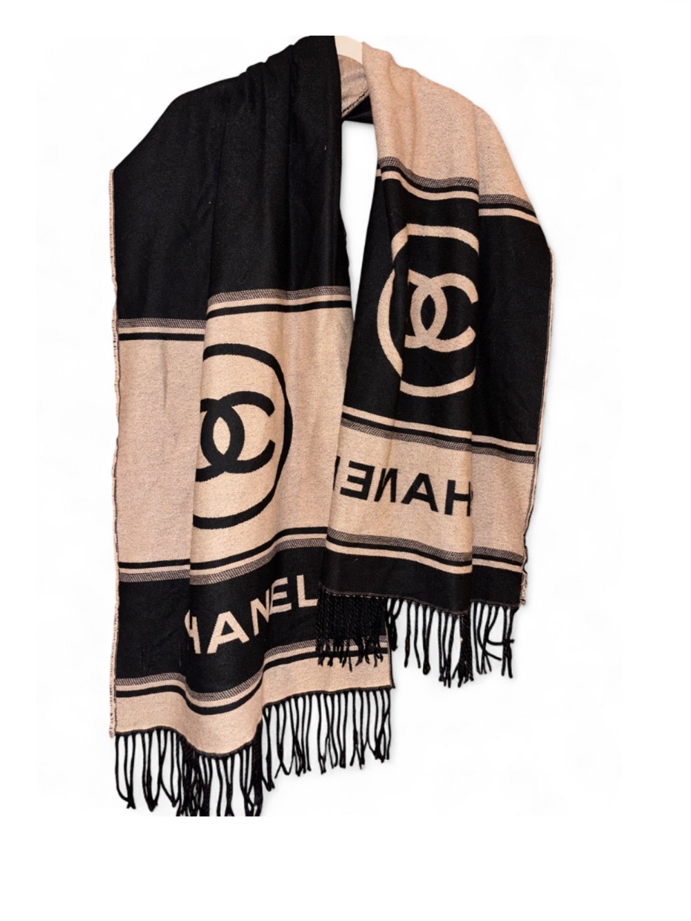 CHANEL Black and Beige Logo Fringe Scarf